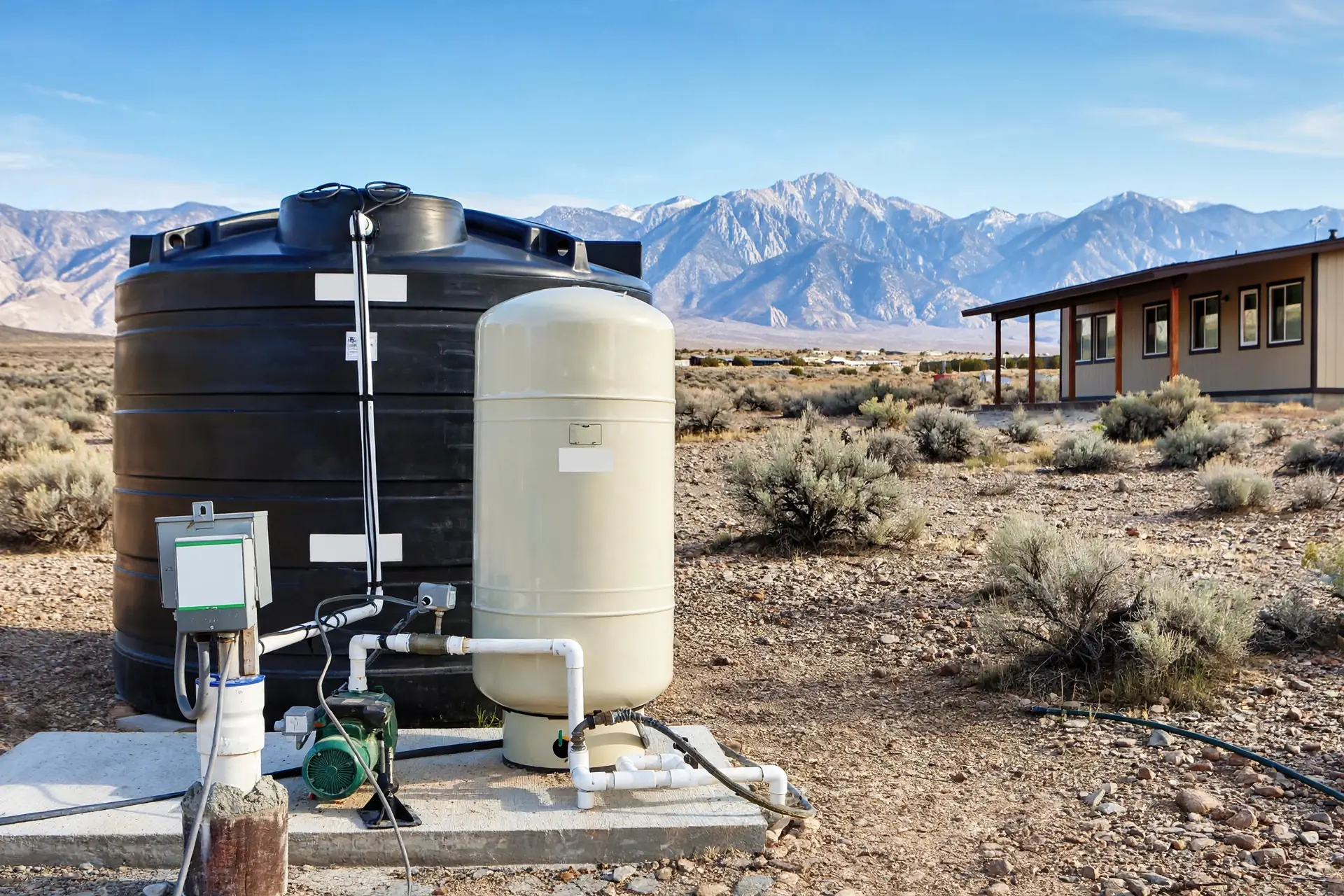 Residential well water system with storage and pressure tanks in a Northern Nevada desert yard